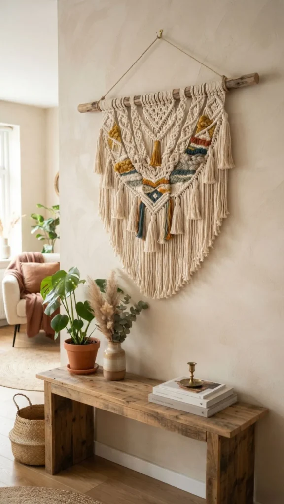 Textured macrame wall hanging adding natural charm to summer home decor.