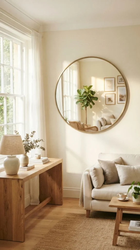 Decorative mirror reflecting natural sunlight to brighten and enlarge the room.