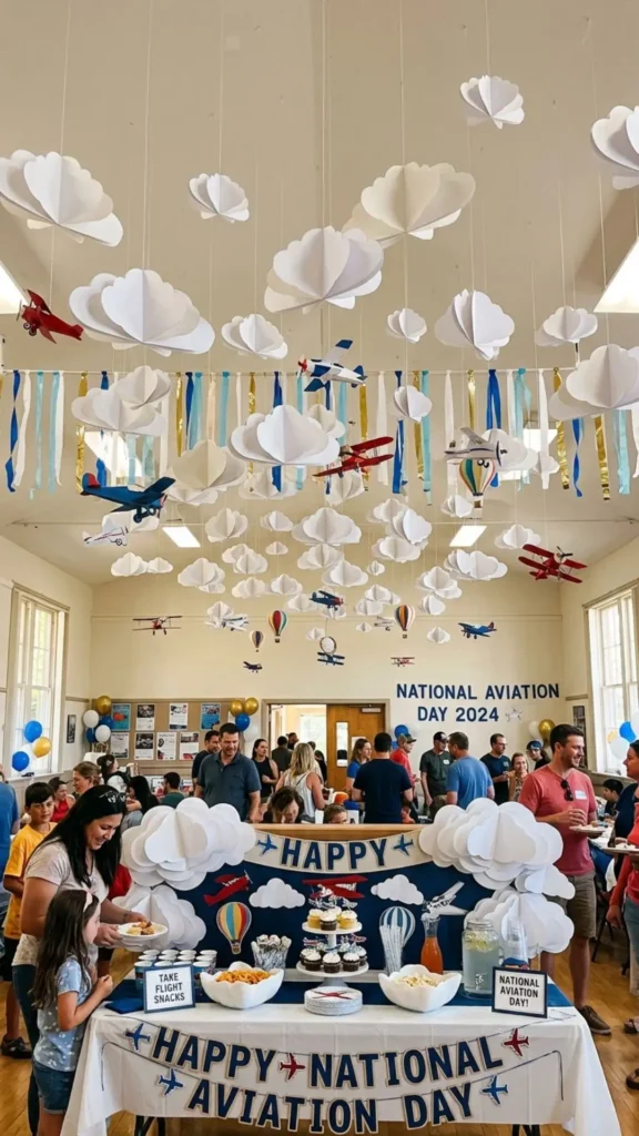 Hanging paper clouds creating a dreamy aviation party atmosphere.