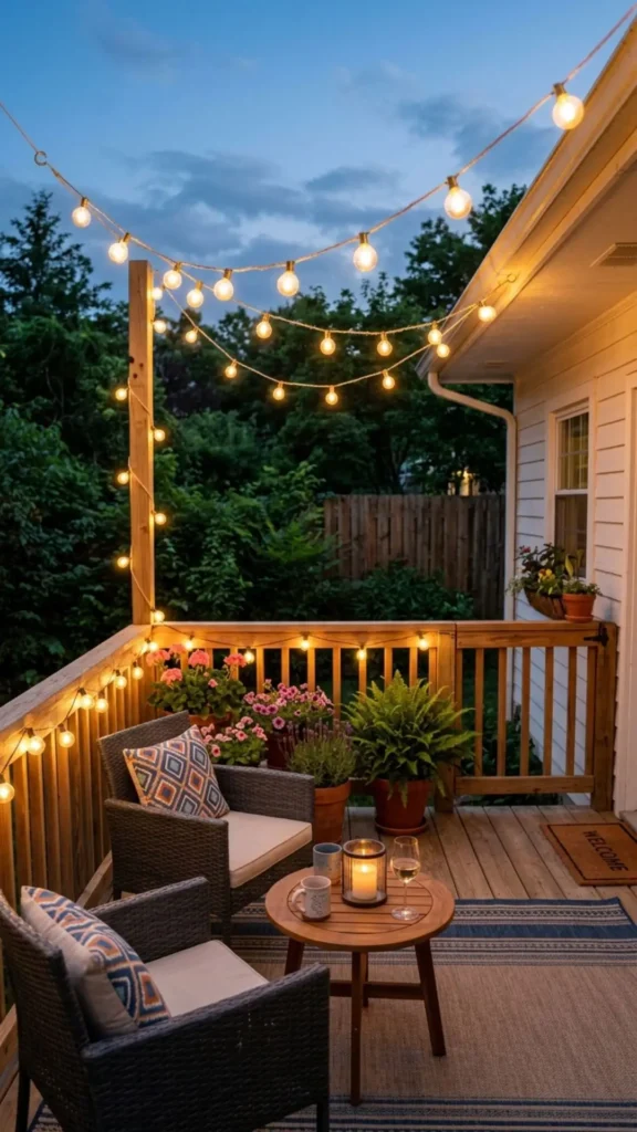 Warm string lights creating cozy small deck ambiance
