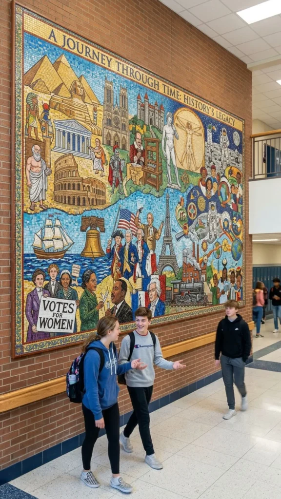 Historical art mosaic showcasing cultural stories through creative school decor.