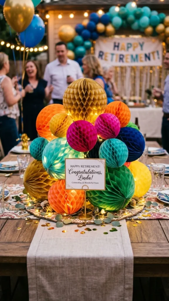 Colorful honeycomb paper lantern centerpiece for a fun retirement party table.
