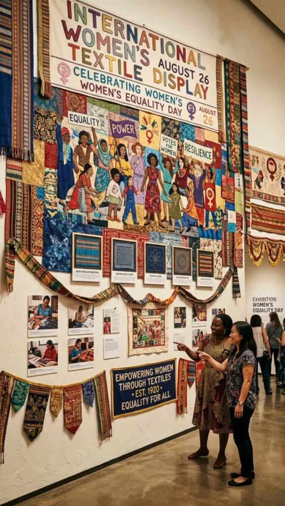 Colorful textile display celebrating women’s global creativity and cultural heritage.