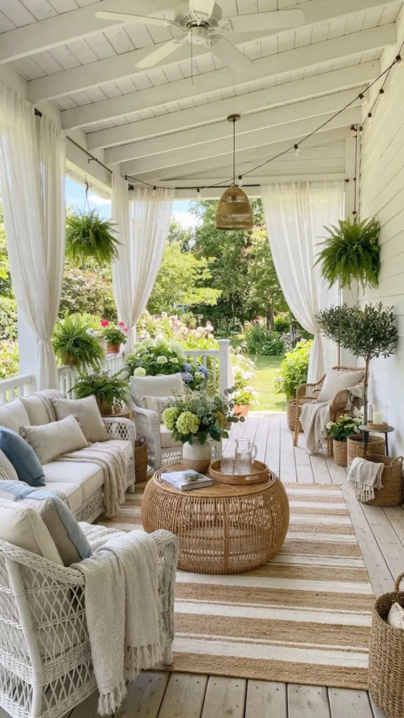 Light and airy covered porch decorated with breezy summer accents.