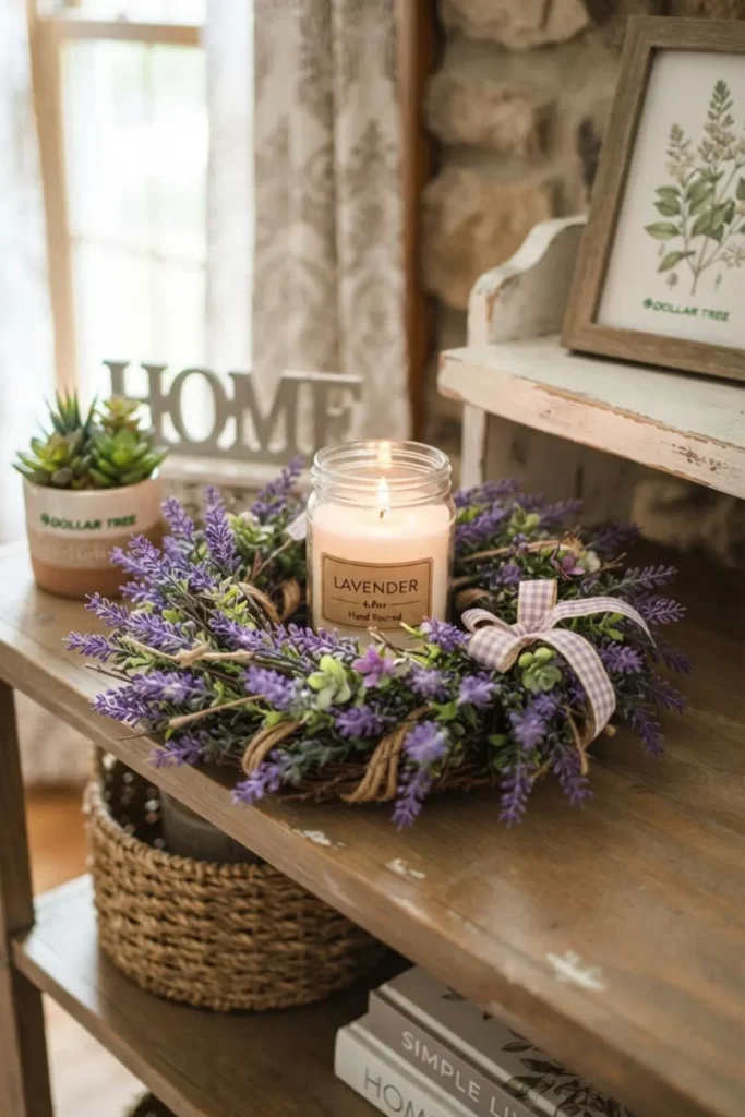 Elegant lavender wreath surrounding a candle for a relaxing farmhouse-inspired centerpiece.