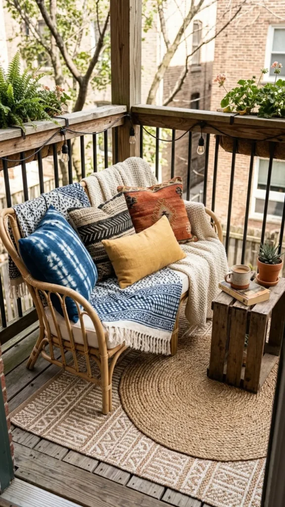 Layered cushions and textiles creating cozy deck comfort