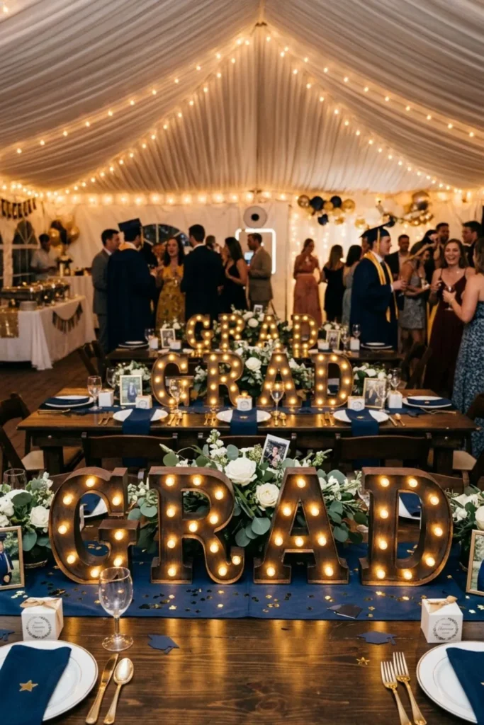 Light-up graduation letter centerpiece with modern table decor