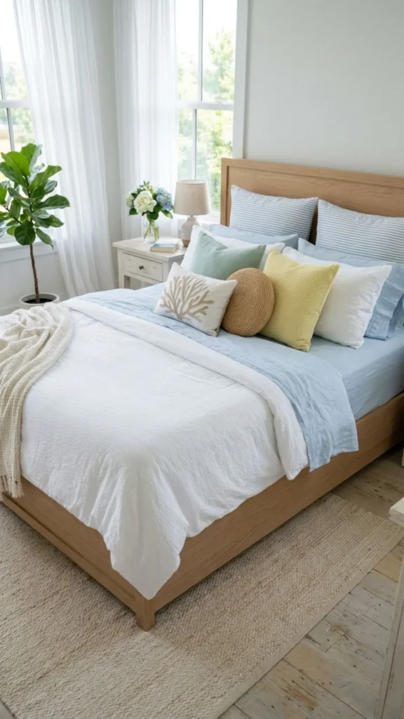 Light and airy summer bedding for a fresh bedroom look.