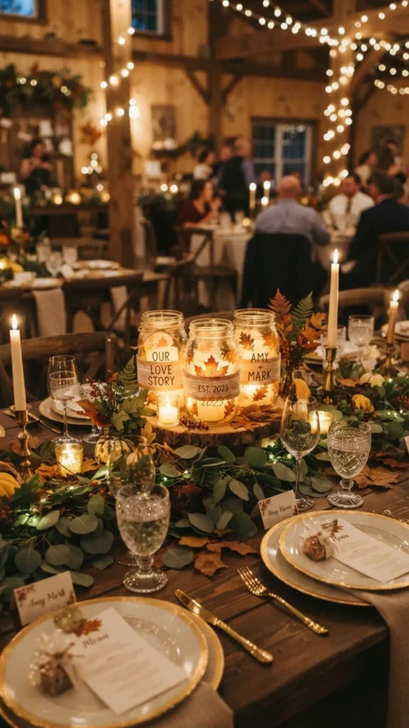 Glowing mason jar luminaries with candles, fall leaves, and rustic accents create a warm autumn wedding centerpiece.
