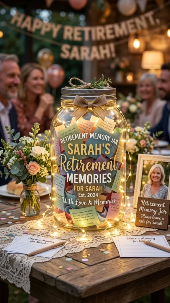 Decorative memory jar centerpiece with fairy lights for a meaningful retirement party.