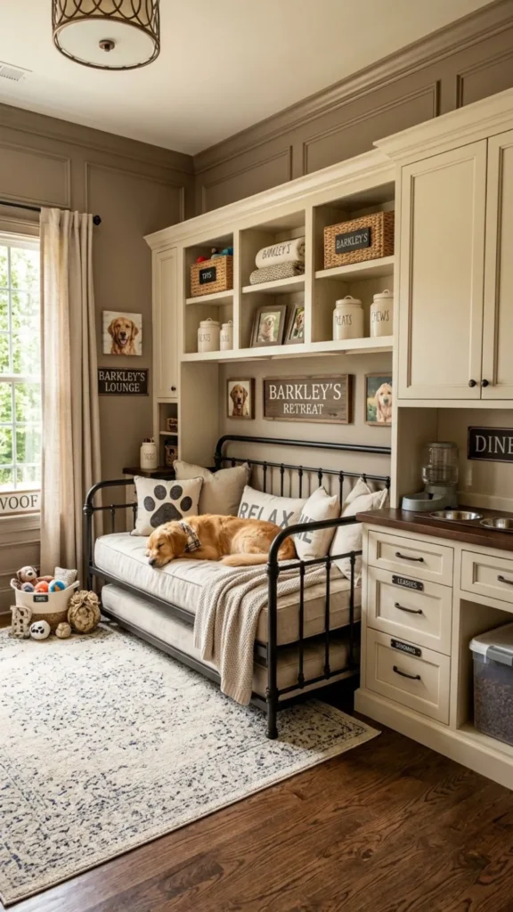 Metal daybed dog room with elegant built-in storage solutions