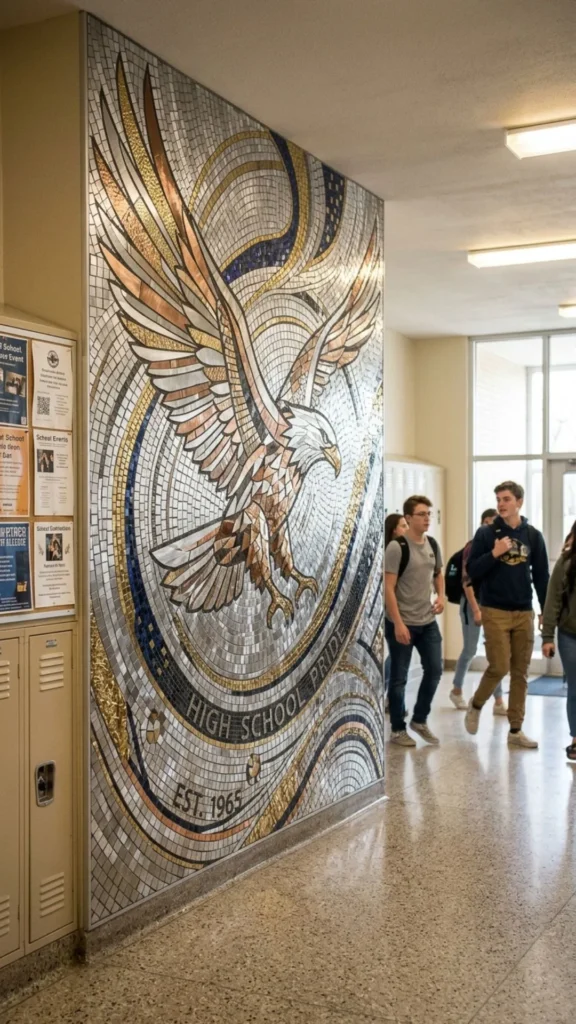 Metallic tile mosaic adding sleek shine and modern school style.