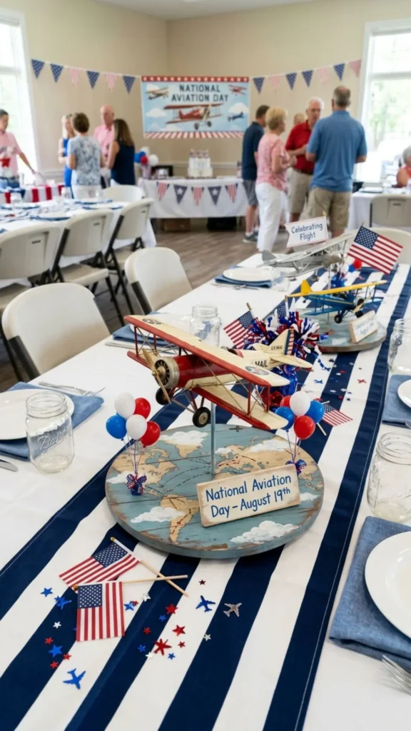 Mini airplanes arranged as creative aviation party centerpieces.