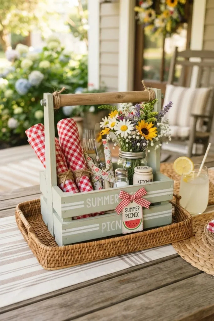 Rustic wooden picnic caddy organized with summer dining essentials and decorative accents.