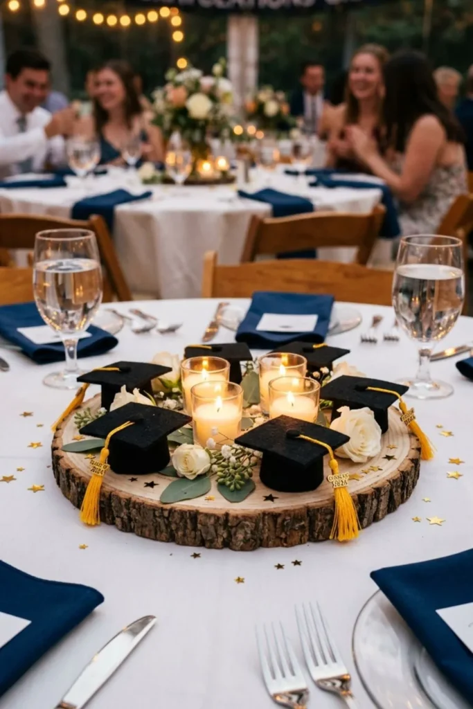Mini graduation caps with candles for elegant tables