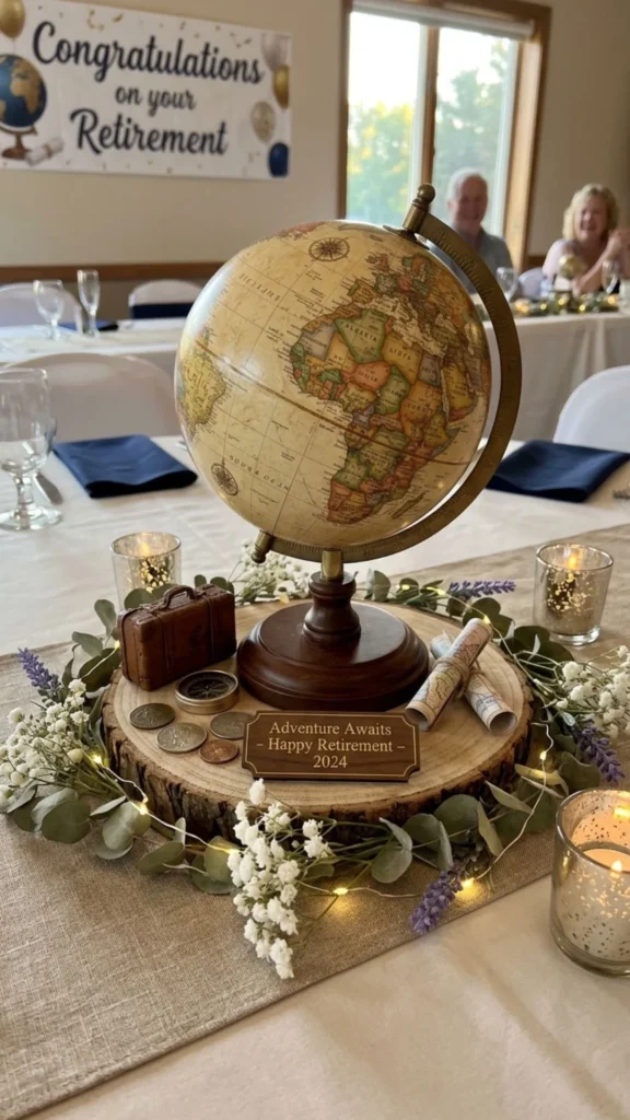 Travel-themed retirement centerpiece featuring a globe and adventure-inspired decor.