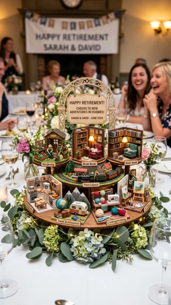 Creative retirement centerpiece showcasing the retiree's favorite hobbies and interests.