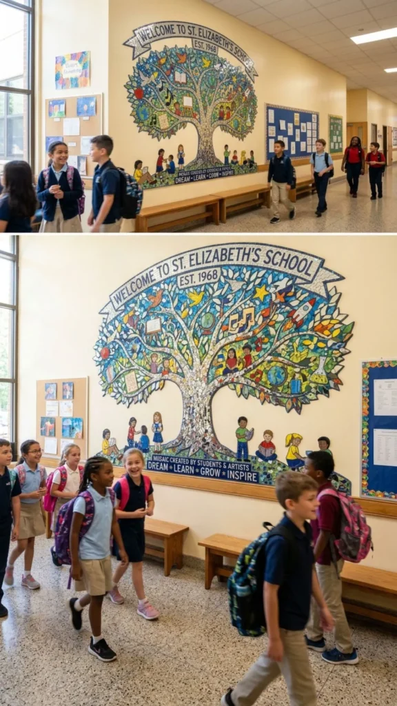 Reflective mirror mosaic adding brightness and modern style to school interiors.