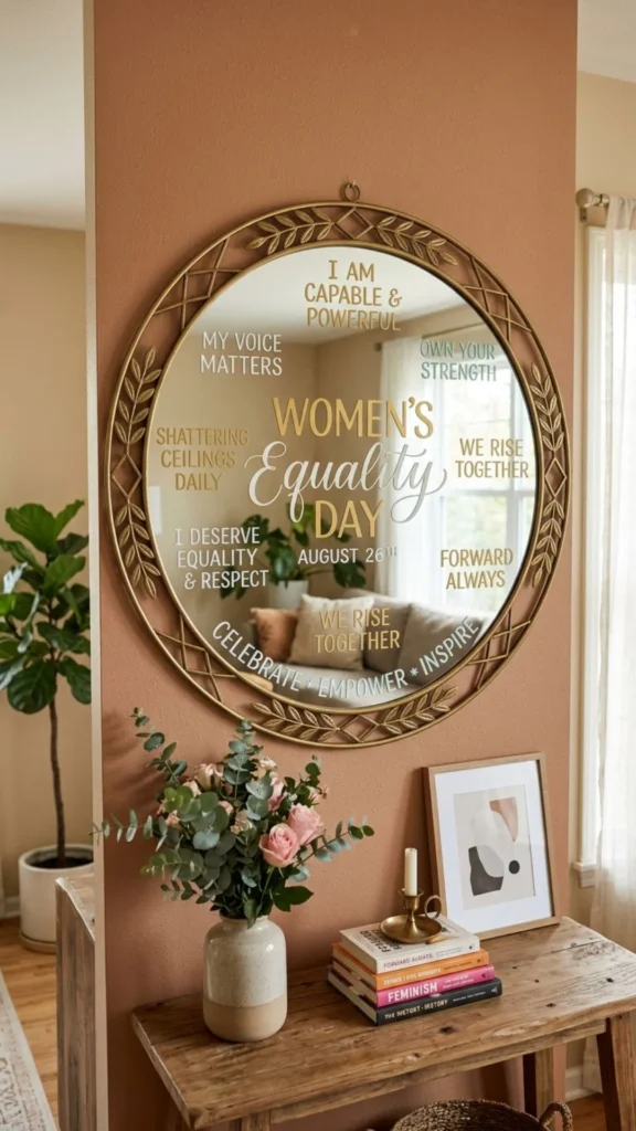 Inspirational mirror display surrounded by empowering affirmations and positive messages.