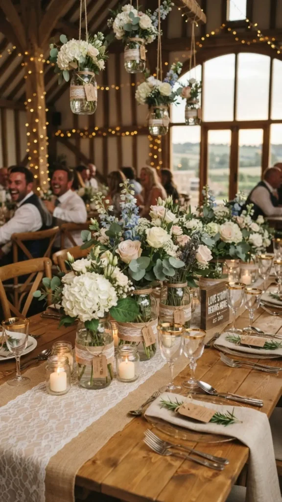 Modern mason jars decorated with greenery and white blooms blend rustic charm with elegant simplicity.
