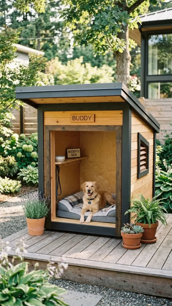 Modern DIY dog house with open-front design and natural wood accents for a cozy backyard retreat