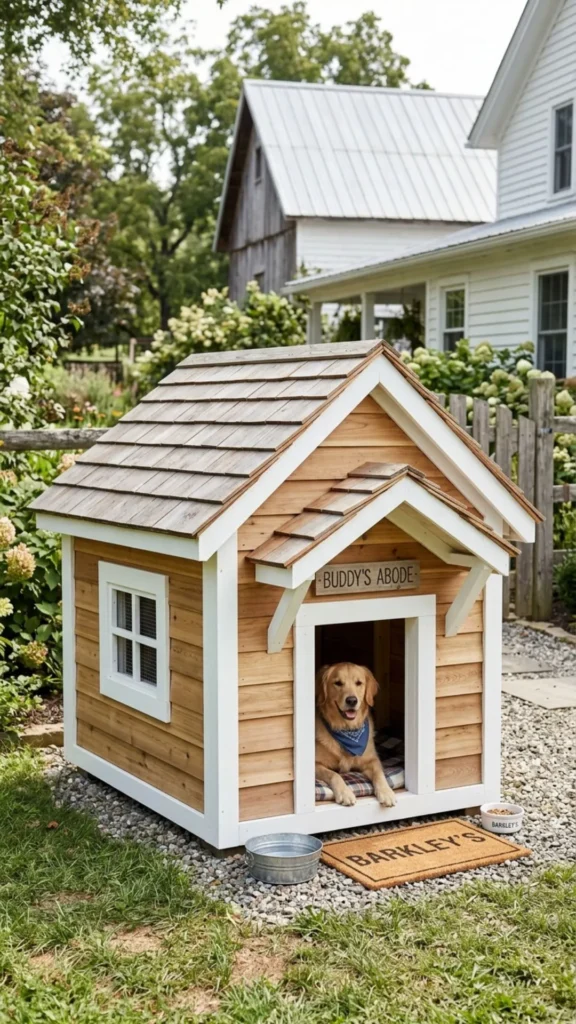 Modern farmhouse DIY dog house with cedar slat roof, white frame, and warm natural accents