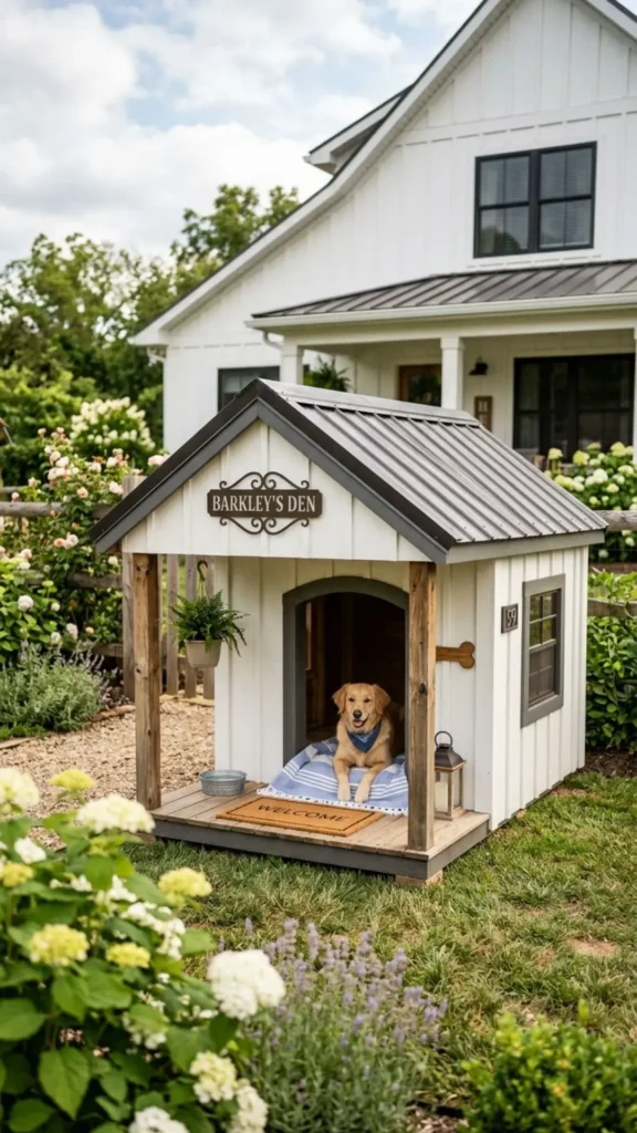 Modern farmhouse DIY dog house with covered porch and charming outdoor dog retreat