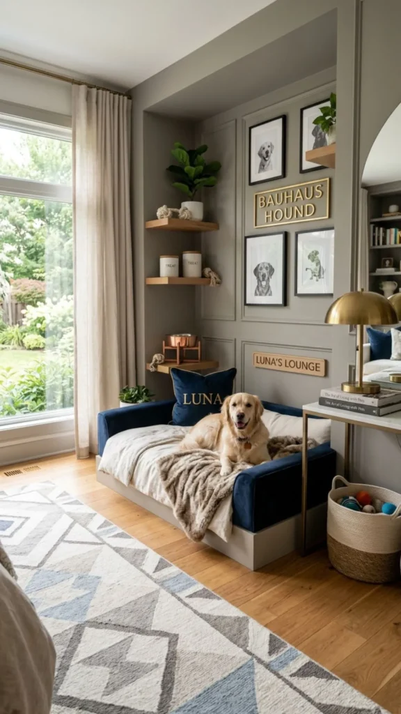 Modern luxury dog lounge with premium bedding and chic decor