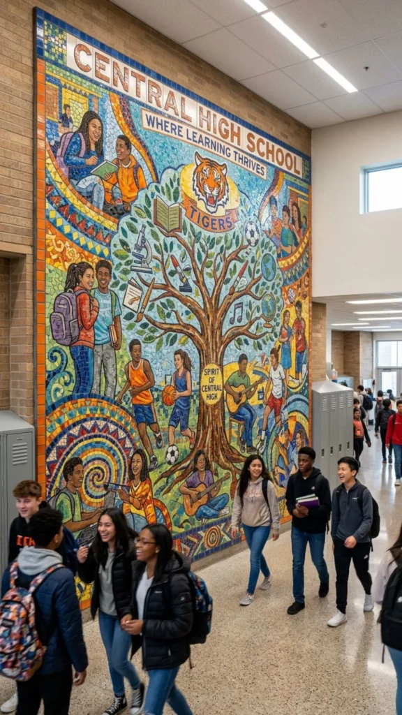 Colorful mosaic accent wall creating an artistic school focal point.