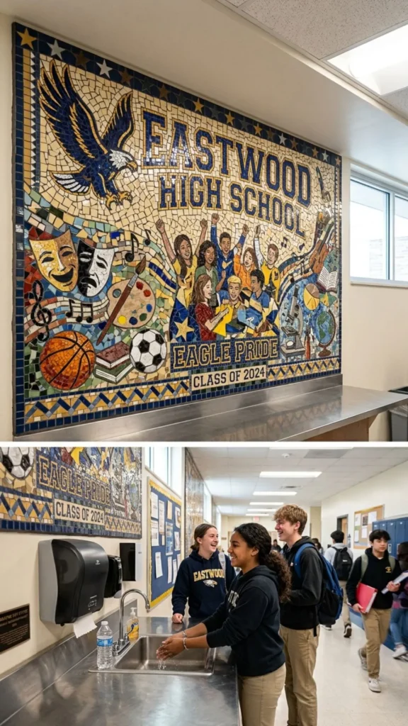 Creative mosaic backsplash adding colorful detail to a school activity area.