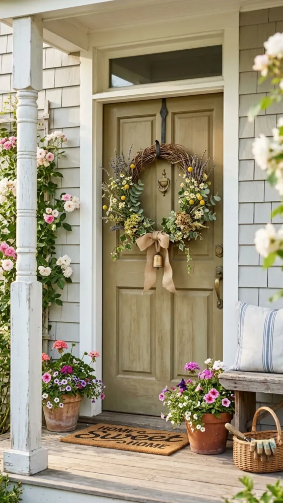 Natural floral front door wreath creating a warm and welcoming cottage style summer entrance.