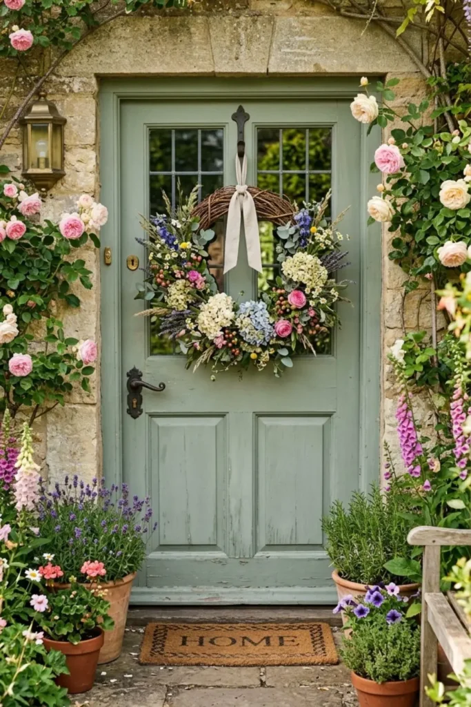 Natural eucalyptus wreath decorating a charming cottage front door.