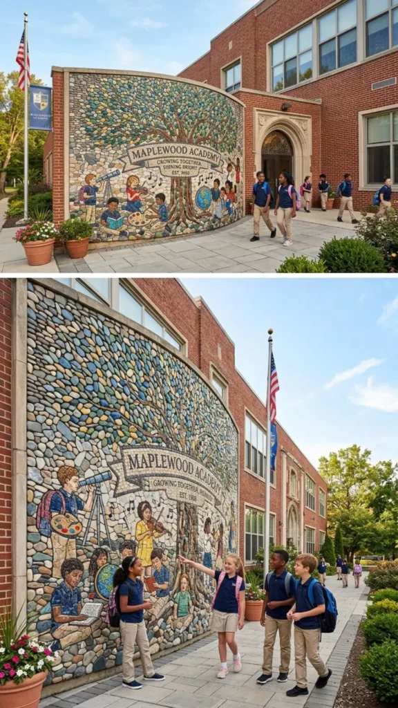 Natural stone mosaic creating an earthy and artistic school wall.