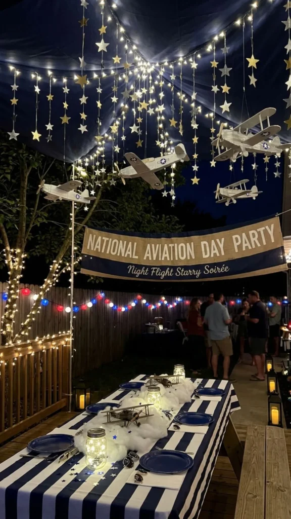 Starry night flight decor with airplanes and glowing clouds.