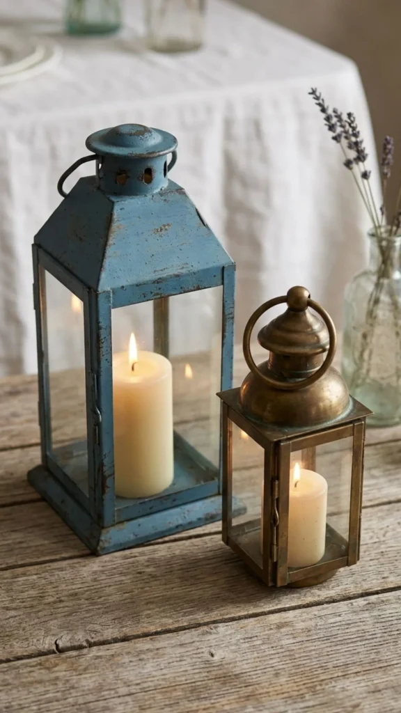 Vintage candle lanterns creating a warm, cozy glow for charming cottage style summer decorating.