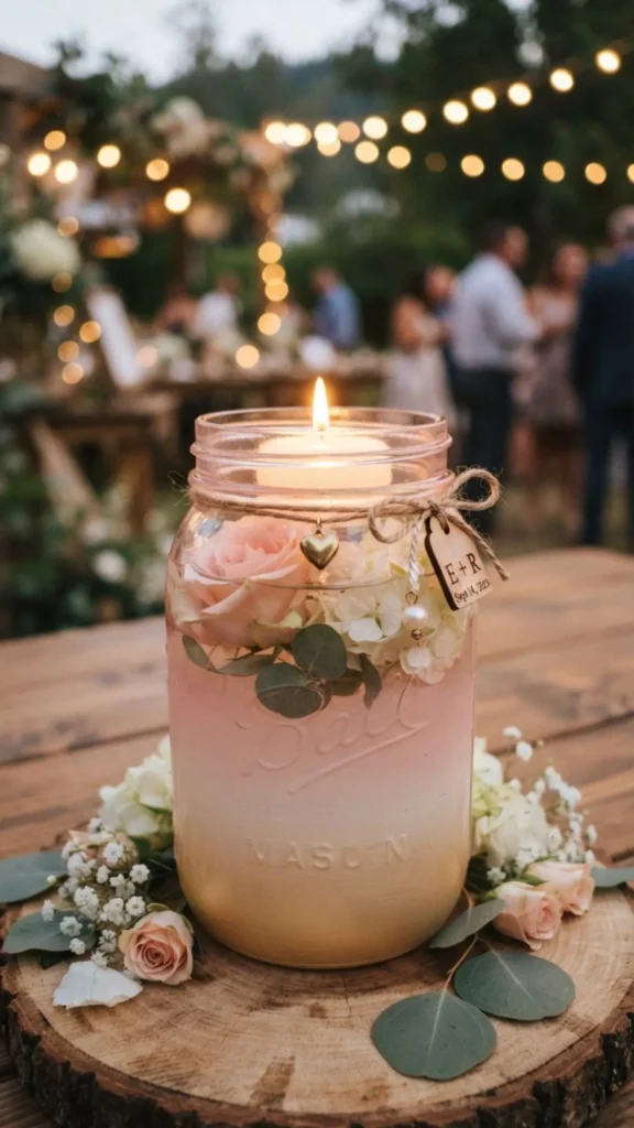 Ombre-painted mason jars with floating tea lights add a soft, romantic glow to wedding tables.