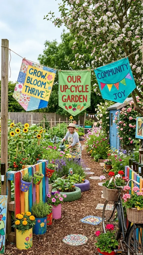 Colorful outdoor fabric banners made from leftover scraps for cheerful DIY garden decoration.