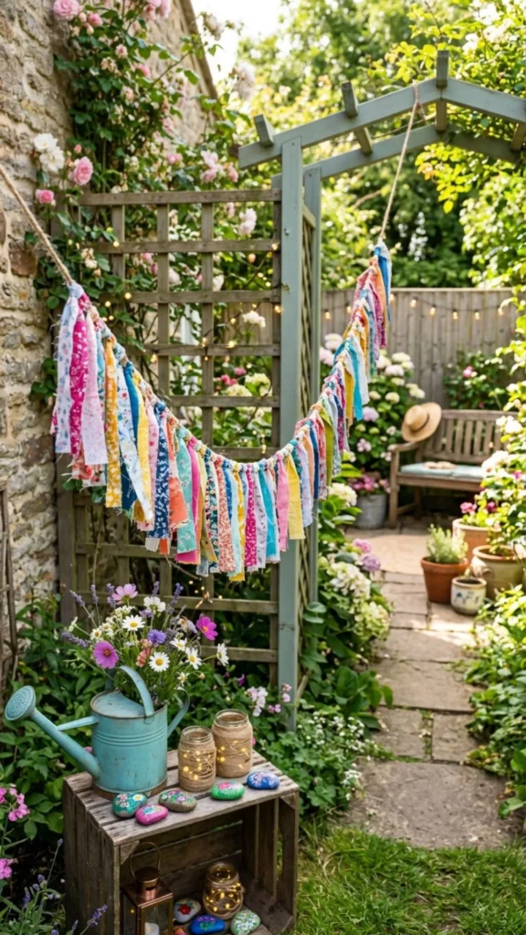  Festive outdoor fabric scrap garland adding colorful handmade charm to a creative garden setting.