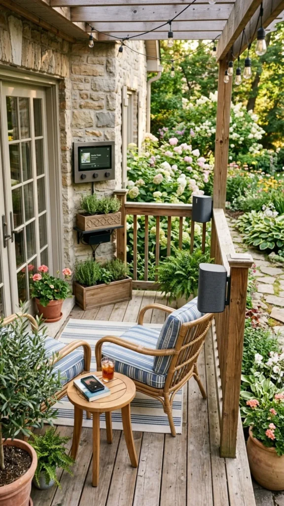Outdoor music system creating enjoyable deck entertainment atmosphere