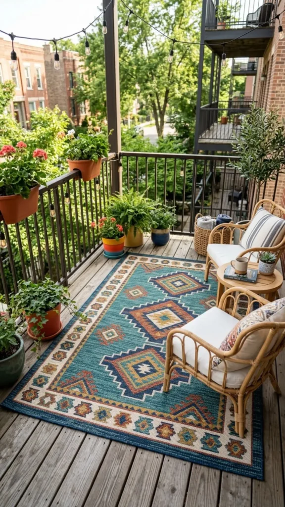 Stylish outdoor rugs defining cozy small deck spaces