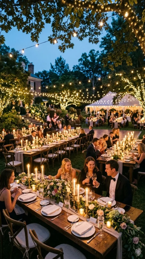 Outdoor wedding candlelit reception tables