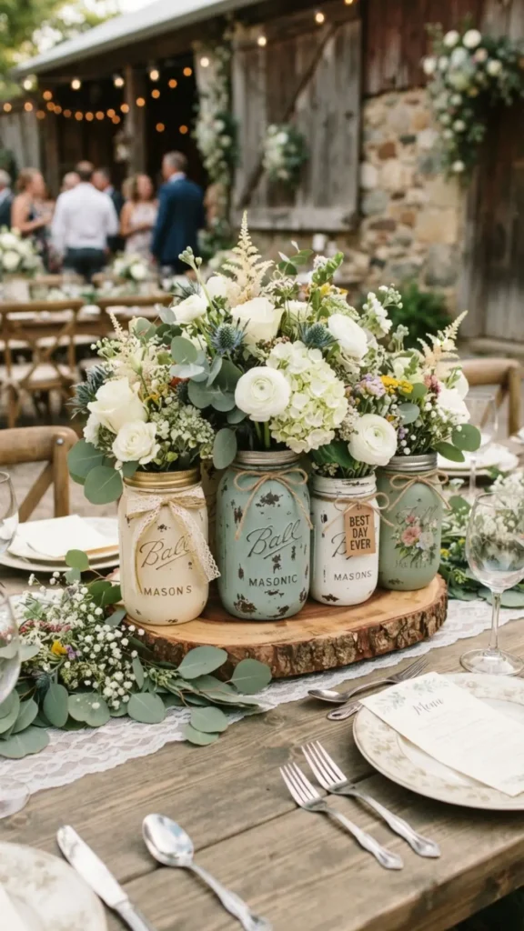 Distressed painted mason jars paired with dried flowers create an antique rustic wedding centerpiece.