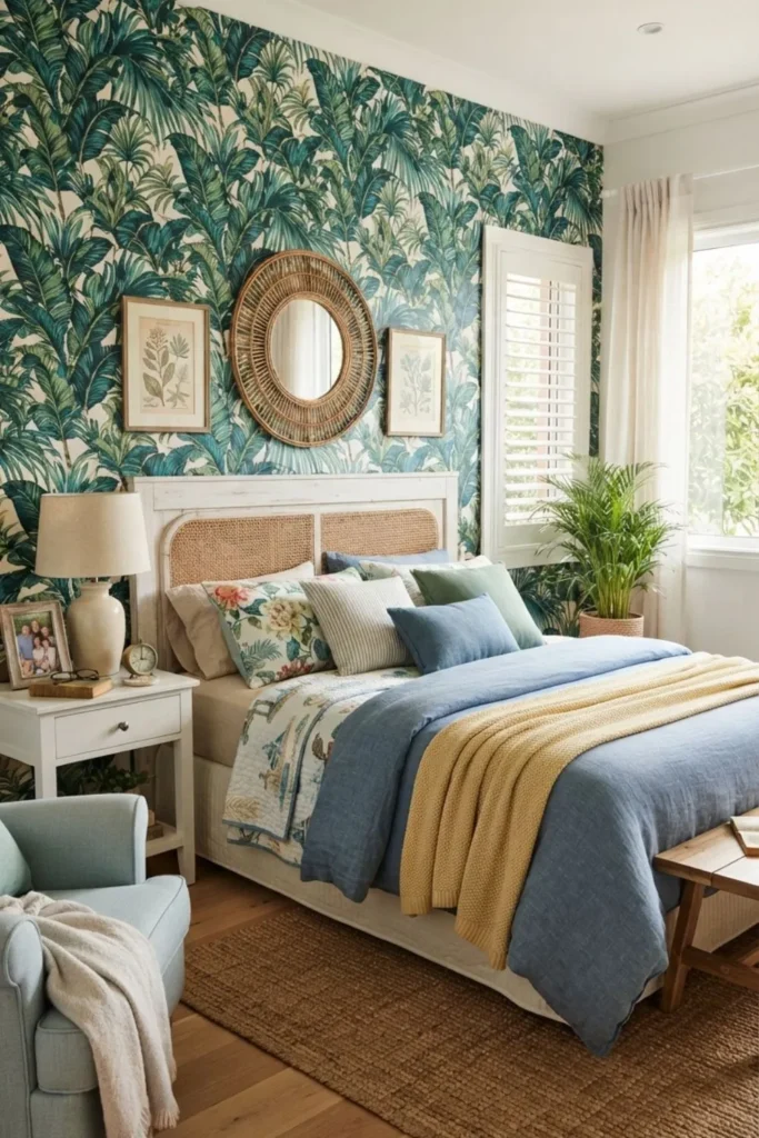 Palm leaf wallpaper creating a bold tropical coastal bedroom accent wall.