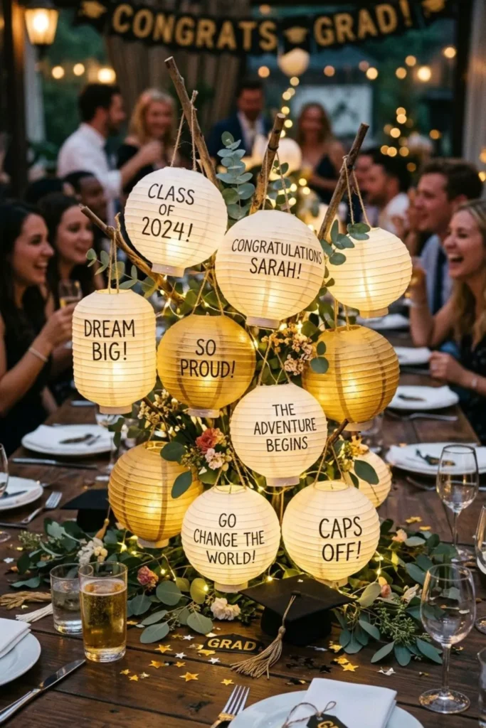 Paper lantern graduation centerpiece with personalized celebratory messages