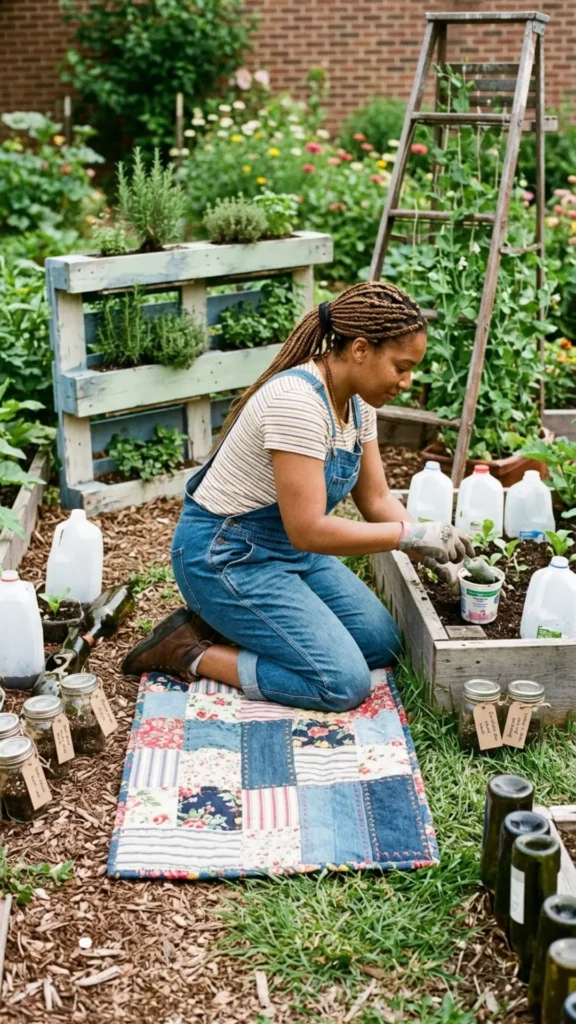 Patchwork garden kneeling pad made from fabric scraps for comfortable and practical outdoor gardening.