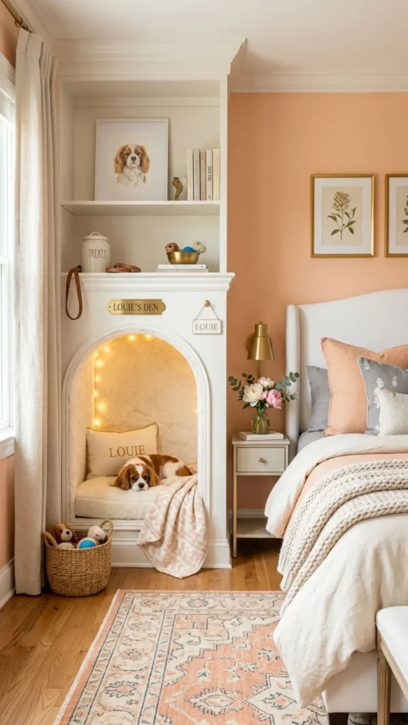 Peach-walled dog bedroom corner with custom built-in nook