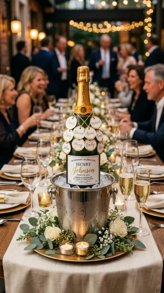 Customized champagne bottle centerpiece with elegant retirement party decorations.