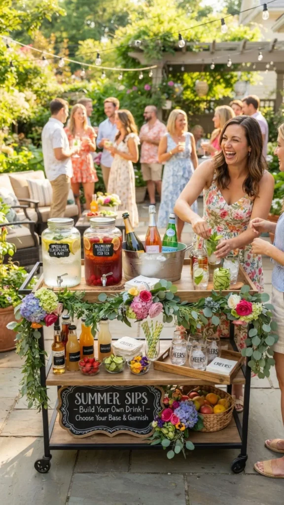 Stylish outdoor drink station with refreshing beverages for summer guests.