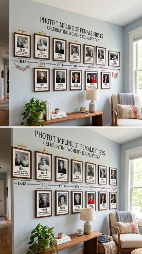 Photo timeline highlighting groundbreaking women and historic achievements.