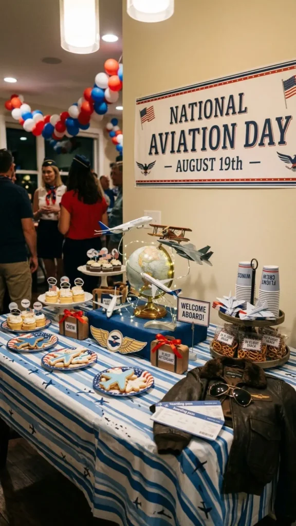 Pilot-themed table setup with elegant aviation party accents.